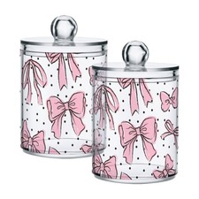 4 Pack Apothecary Jars Bathroom Bow Pink Qtip Holder Dispenser Clear Plastic ...