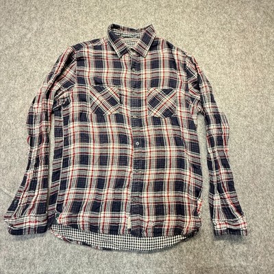 Flag & Anthem Shirt Men's Medium Blue Red Plaid Double Pocket Cotton Flannel
