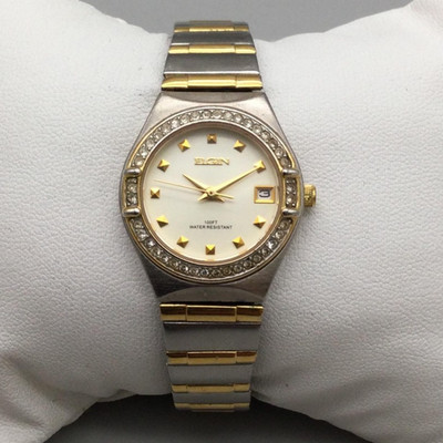 Elgin Watch Womens 24mm Two-Tone Date 100ft Crystal Bezel EG10N New Battery