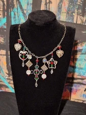 Silver Tone Christmas Cross Heart Religious Beaded Multi Pendant Dangle Necklace
