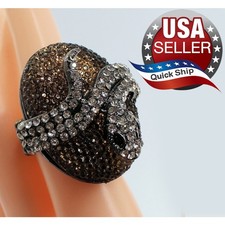 White Rhinestone Coiled Serpent Snake Ring: Black Rhinestones Transform to Gold