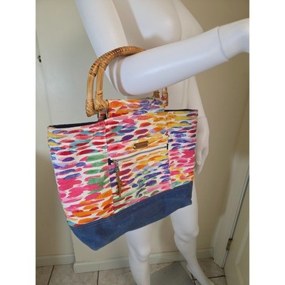 Lisa Maree Multi Color Abstract Canvas Tote Bag with Bamboo Handles and Pouch