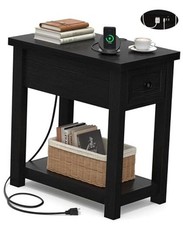  Farmhouse End Table with Charging Station - Narrow Side Table 1 Pack Black