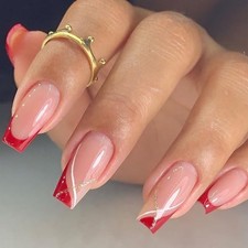 Medium Press on Nails Long Square Acrylic False Nails Red French Tip style4
