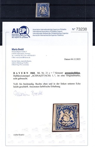 Bavaria 21c Beautiful Color Stamped Gepr. Certificate (DA7744