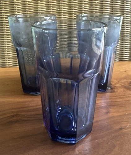 3 Vintage Libbey  Gibraltar Cobalt Blue 4-1/4" Paneled Tumblers
