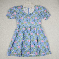 LOFT Fit & Flare Dress Womens 4P Blue Wildflower Floral Linen Blend Puff Sleeve