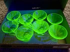 Set of 8 Federal Uranium Glass Block Sherbet Dessert Cups Green Depression UV