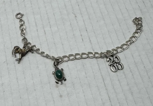 Vintage Sterling Silver 925 Double Link Charm Bracelet 7" With 3 Charms
