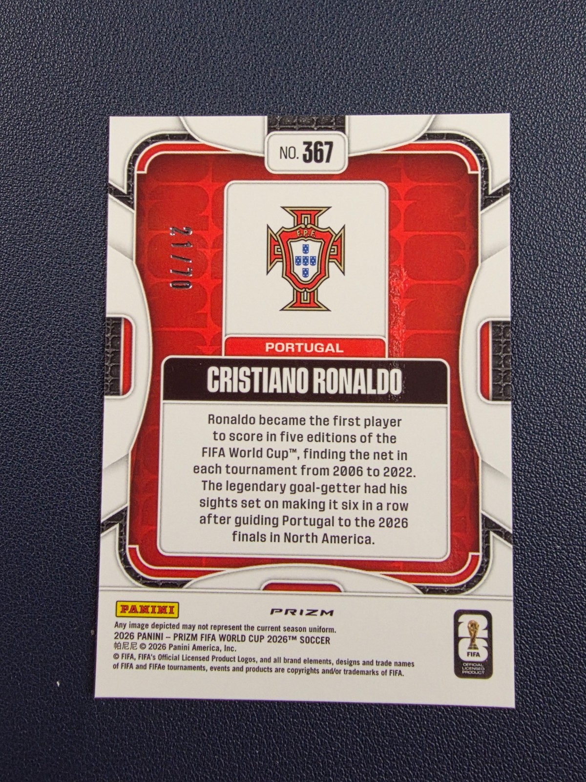 2026 Panini World Cup Prizm Cristiano Ronaldo Aguila /70 CR7 view 2