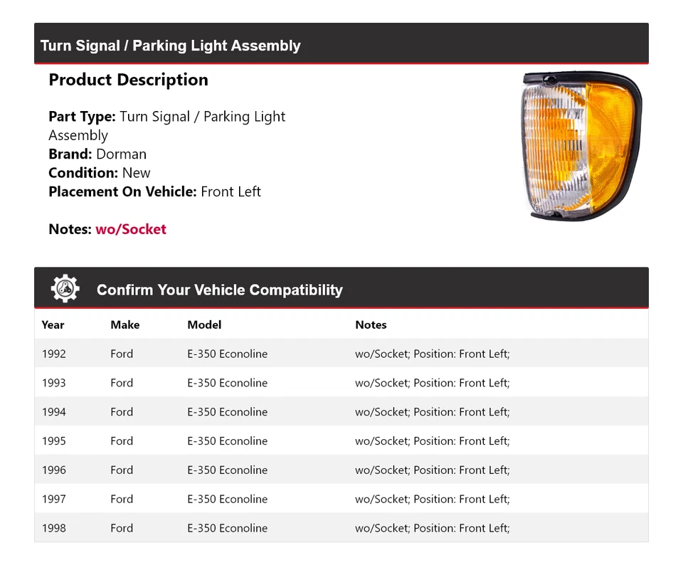 Передний левый поворотный/парковочный фонарь в сборе для Ford E-350 Econoline Dorman 1992-1998 годов выпуска - Изображение 2 из 4