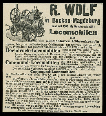 Alte Reklame Werbung 1887 R. Wolf in Buckau-Magdeburg Hochdruck-Locomobilen