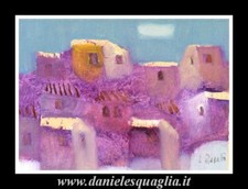PAESAGGIO CON CASE BORGO ROSATI LUIGI DIPINTO ORIGINALE OLIO  SU CARTA 17X12