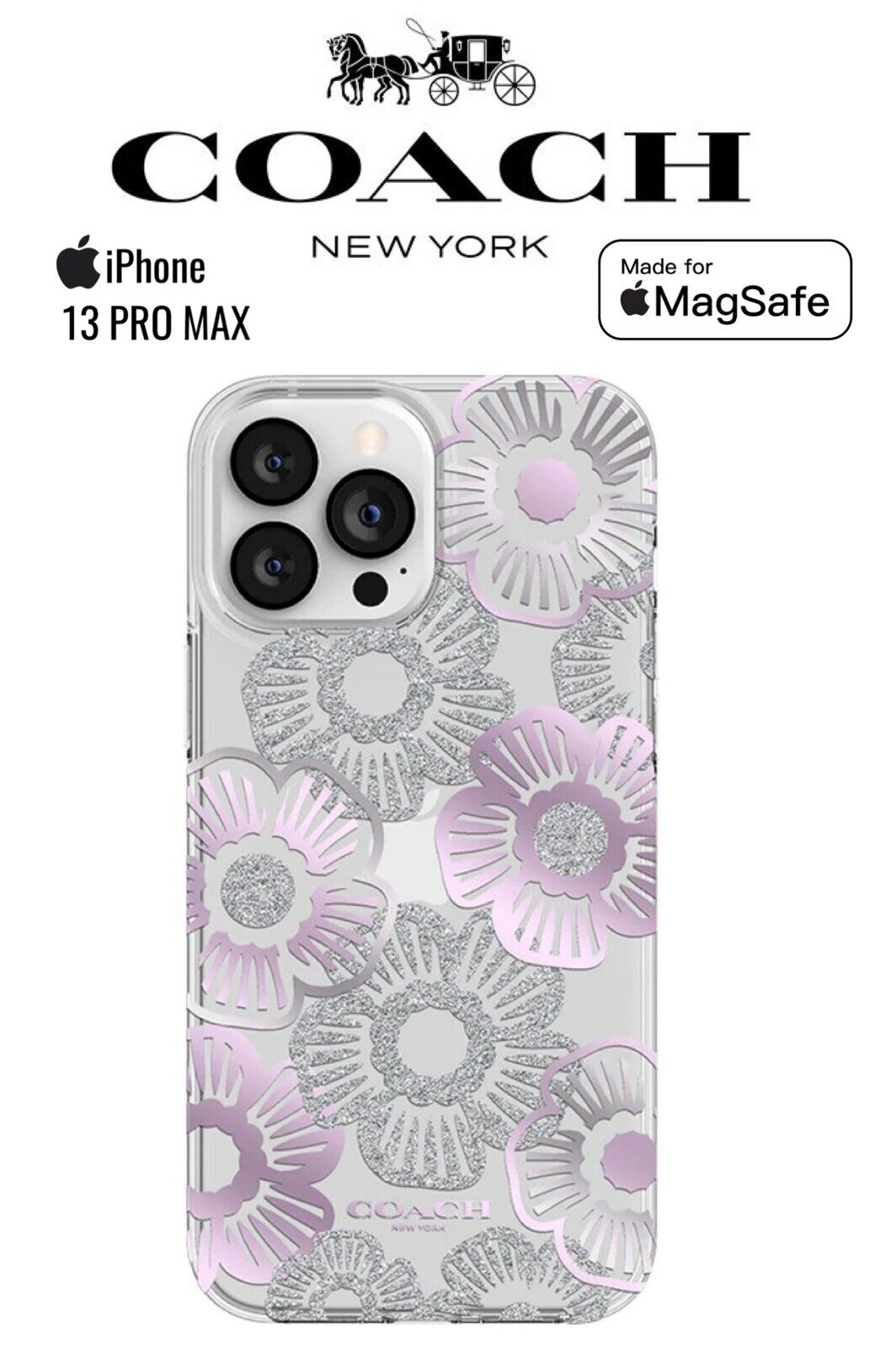 COACH NY Purple Rose Silver Glitter Tea Floral MagSafe iPhone 13 PRO MAX  Case | eBay