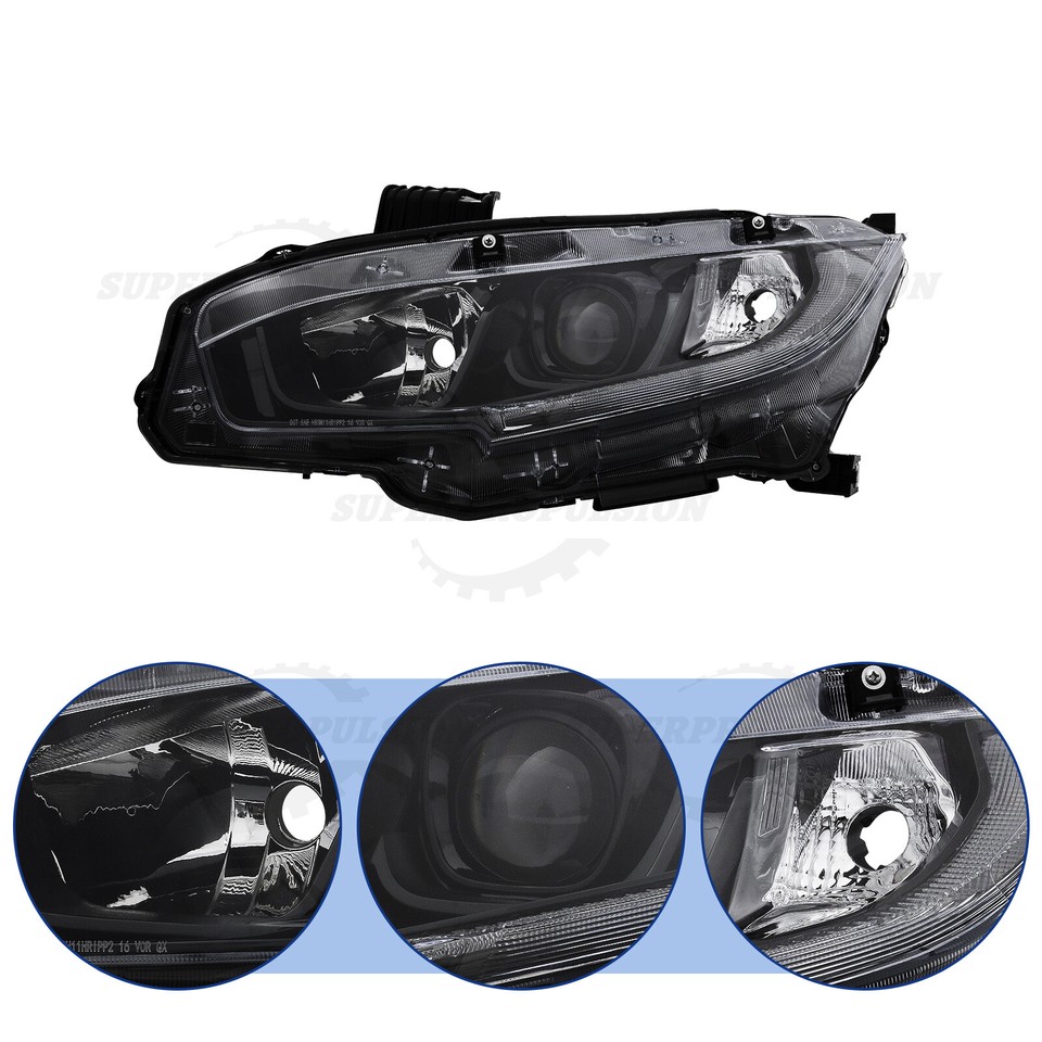 Left Driver Side Headlight Assembly For 2016-2021 Honda Civic - Halogen With LED DRL, Direct Fit Replacement