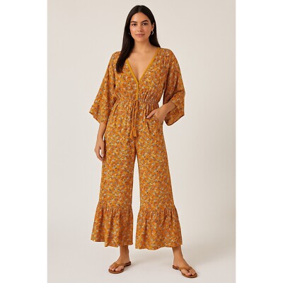 Easel Anthropologie boho yellow floral wide leg jumpsuit size small vacation