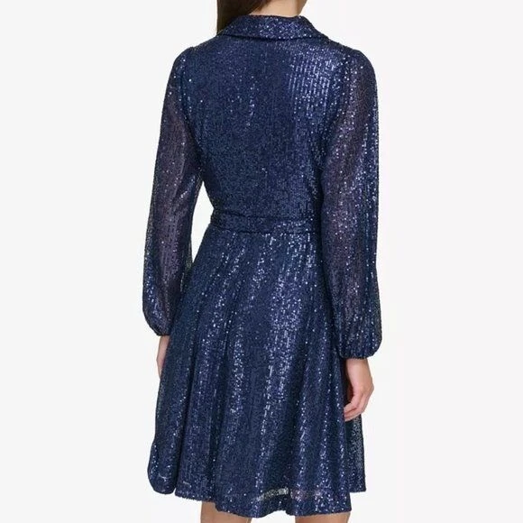 Vestido manga globo DKNY, color: azul marino talla 10 Foto 2 de 3