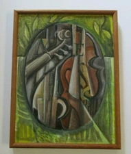 MID CENTURY ABSTRACT PAINTING CUBIST CUBISM MODERNISM INSTRUMENTS MUSIC SIGNED