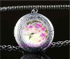 Green Hummingbird Photo Cabochon Glass Tibet Silver Chain Pendant Necklace