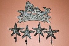 Beach Escape Mermaid Welcome Entryway Decor, Starfish Coat Hooks, Cast Iron - 5