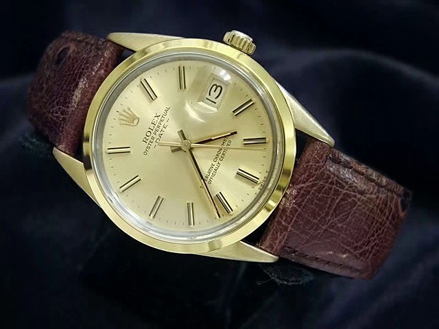 Mens gold watch with brown leather strap deals