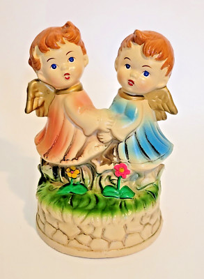 Vtg Angel Boy & Girl MCM Pink, Blue Ceramic Made In Japan 6'' Star Label