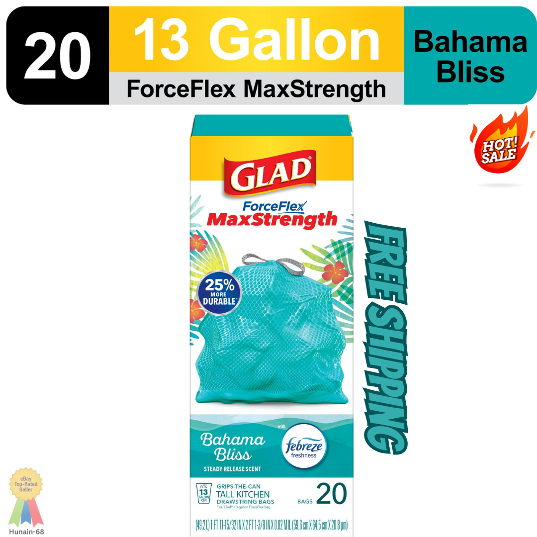 Glad ForceFlex MaxStrength Tall Kitchen Drawstring Trash Bags, 13 Gallon, Bahama