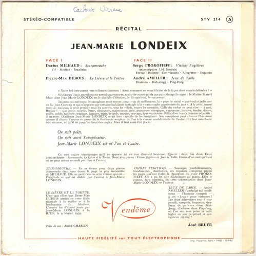 JEAN-MARIE LONDEIX, MILHAUD SCARAMOUCHE 25 cm 1960 VENDOME STV 214 - Picture 2 of 3