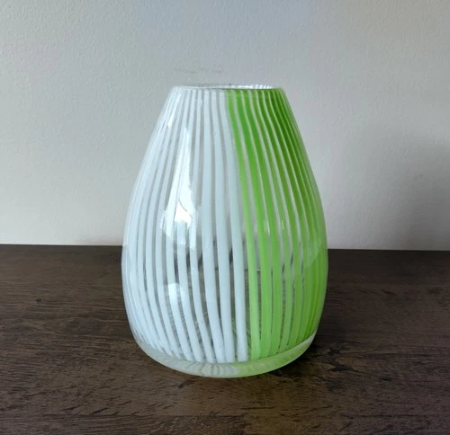 Murano Art Glass Vase Green & White Stripe Dino Martens Style 6.5" Blown Glass
