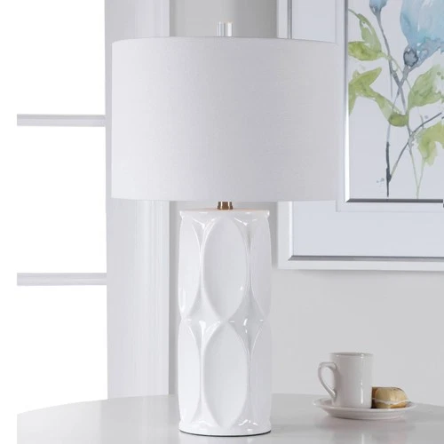 Modern Table Lamp 26" High Glossy White Glaze Ceramic Drum Shade for Living Room - Picture 1 of 5