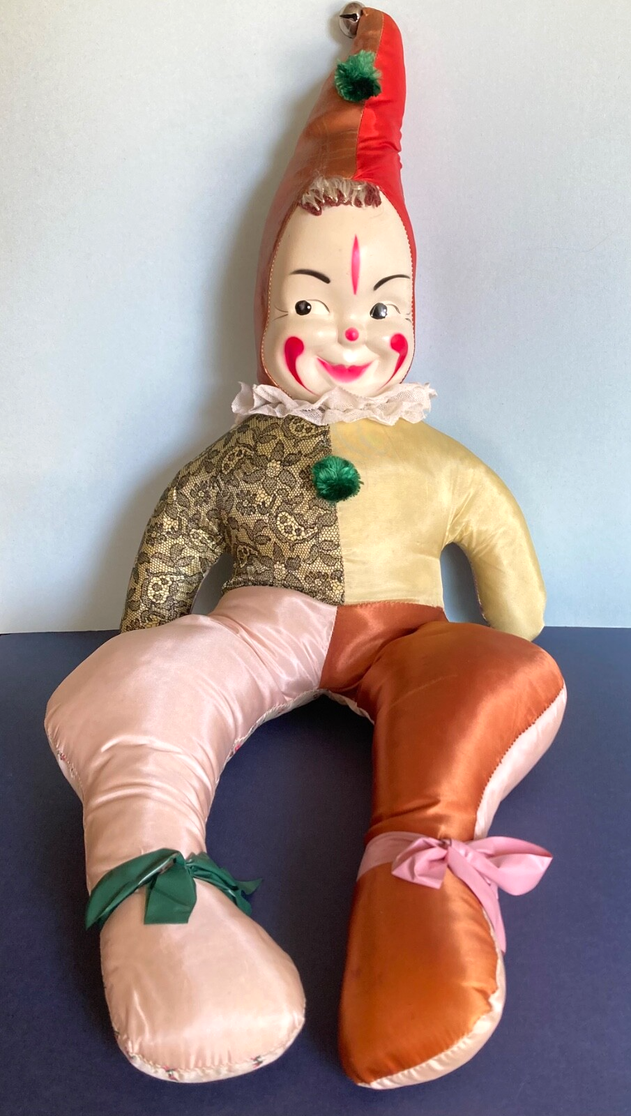 Vintage 1950's 32 inch Carnival Prize Large Clown Jester Celluloid Face -Yikes!