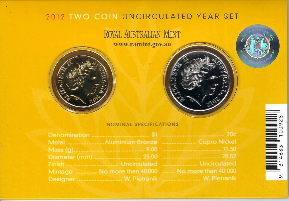 2012 AUSTRALIA B/Uncirculated 20 Cent + 1 Dollar QEII & Australia Wheat Coin Set - Image 3 of 3