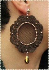 orecchini in pizzo macrame MARRONE pendenti artigianali con strass e punto luce