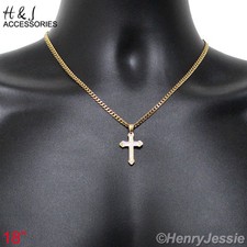 18"MEN Stainless Steel 3mm Gold Plated Cuban Curb Chain CZ Cross Pendant GP53