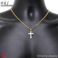 18"MEN Stainless Steel 3mm Gold Plated Cuban Curb Chain CZ Cross Pendant*GP53