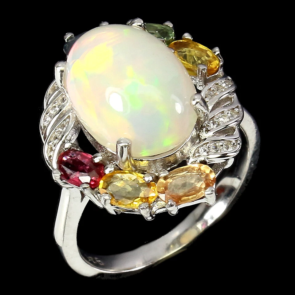 925 Anello Argento Sterling Ovale Fuoco Opale 14x10mm Zaffiro Gemma Gioielli - Immagine 2 di 4