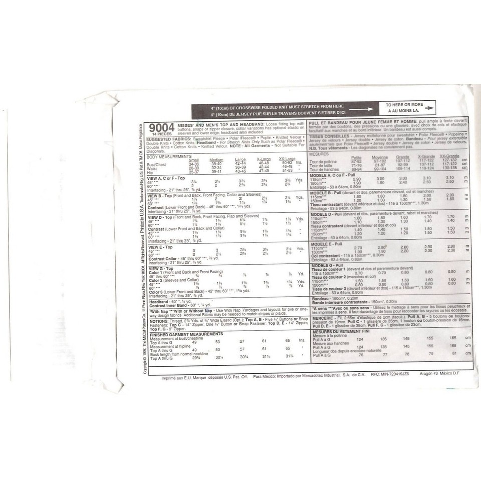 McCall's 9004 Misses and Men's Top Headband SZ XLarge (46,48) Sew Pattern Uncut eBay