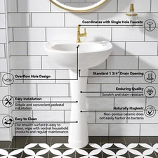 20" X 17" Modern U-Shape White Ceramic Pedestal Bathroom Sink With Overflow