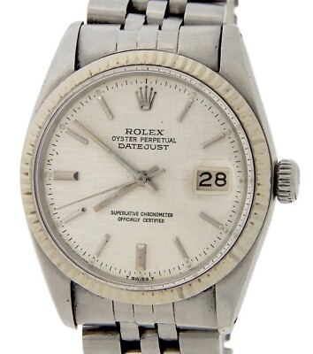 Rolex Datejust 16014 Men Stainless Steel Watch 18K White Gold Bezel Silver Linen