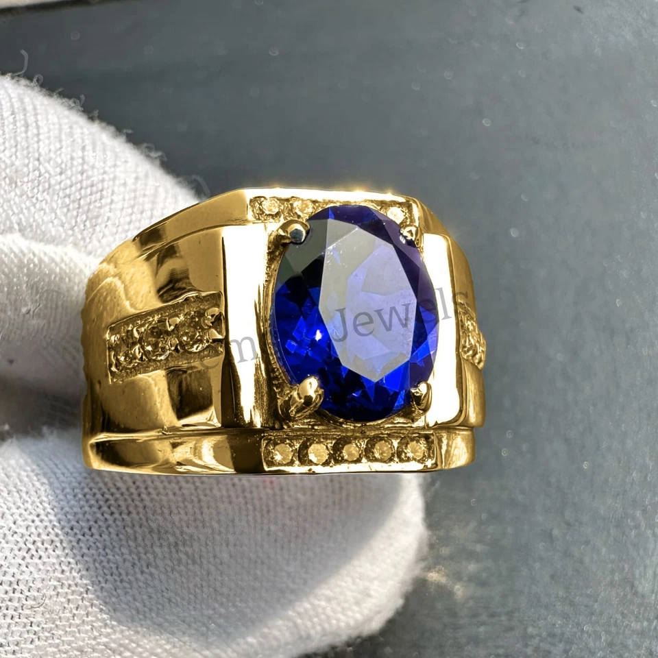 14k Yellow Gold Plated 925 Sterling Silver Natural Sapphire Gemstone Men's Ring