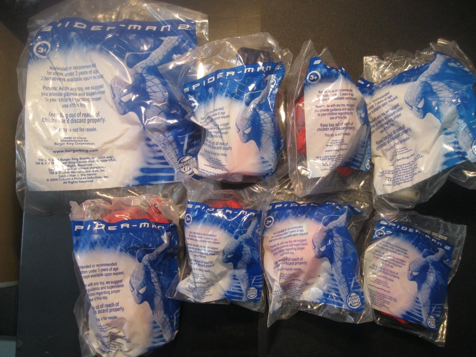Juego completo de 8 juguetes Spiderman 2 nuevo en paquete Burger King 2003 Foto 2 de 3