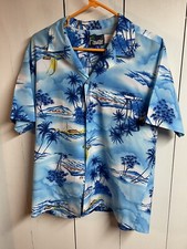 Vintage Hawaii Brand Island Boat Print Button Down Large Shirt Blue
