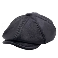 Mens Leather Newsboy Flat Cap, Gatsby Ivy Golf Cabbie Hat, Driving Cap, Black