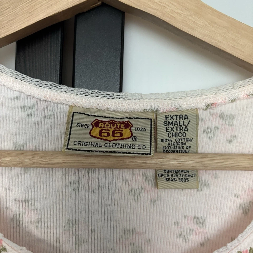 Y2K Route 66 Henley Top Baby Tee Womens XS Floral Pink Preppy Soft Girl Cottage - Image 4 of 4