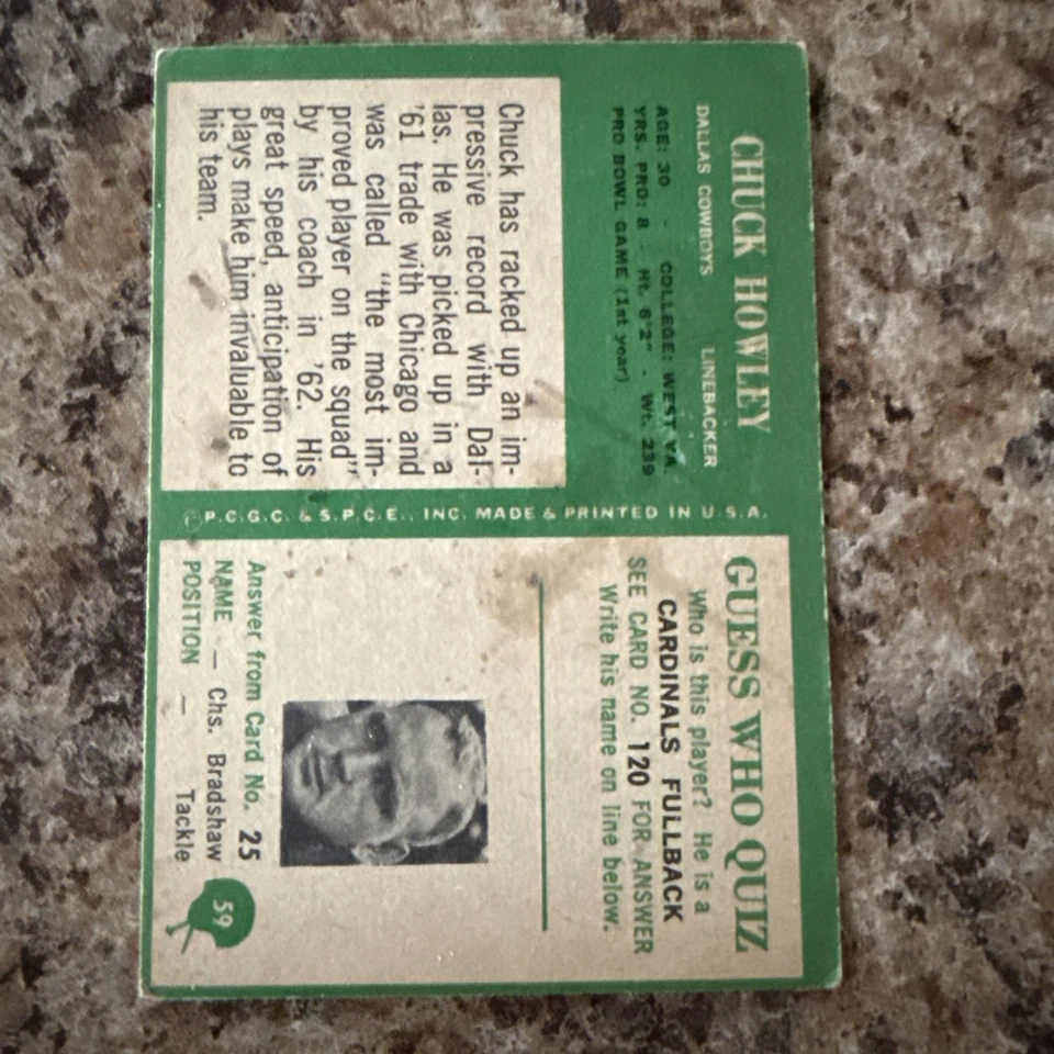 1966 Philadelphia Set-Break # 59 Chuck Howley RC EX-EXMINT *GMCARDS* - Image 2 of 2