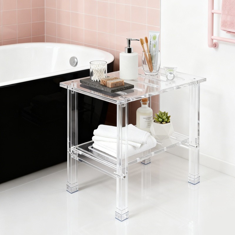 Acrylic Bathroom Shower Bench, Shower Stool with Storage Shelf & Drainage Slots