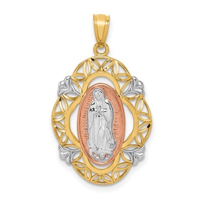 14k Bicolor Gold Jungfrau Maria Anhänger Unsere Liebe Frau von Guadalupe Filigran Medaille