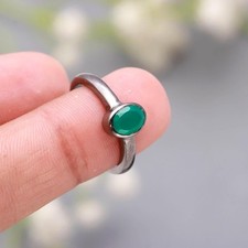 Natural Green Onyx Oval Shape Ring Black Oxidized Sterling Silver Dainty Jewelry