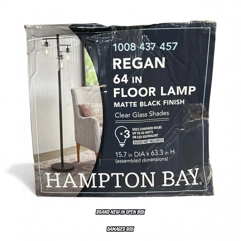 Lámpara de pie Hampton Bay Regan 63 pulgadas negra mate con pantallas de vidrio transparente Foto 2 de 4
