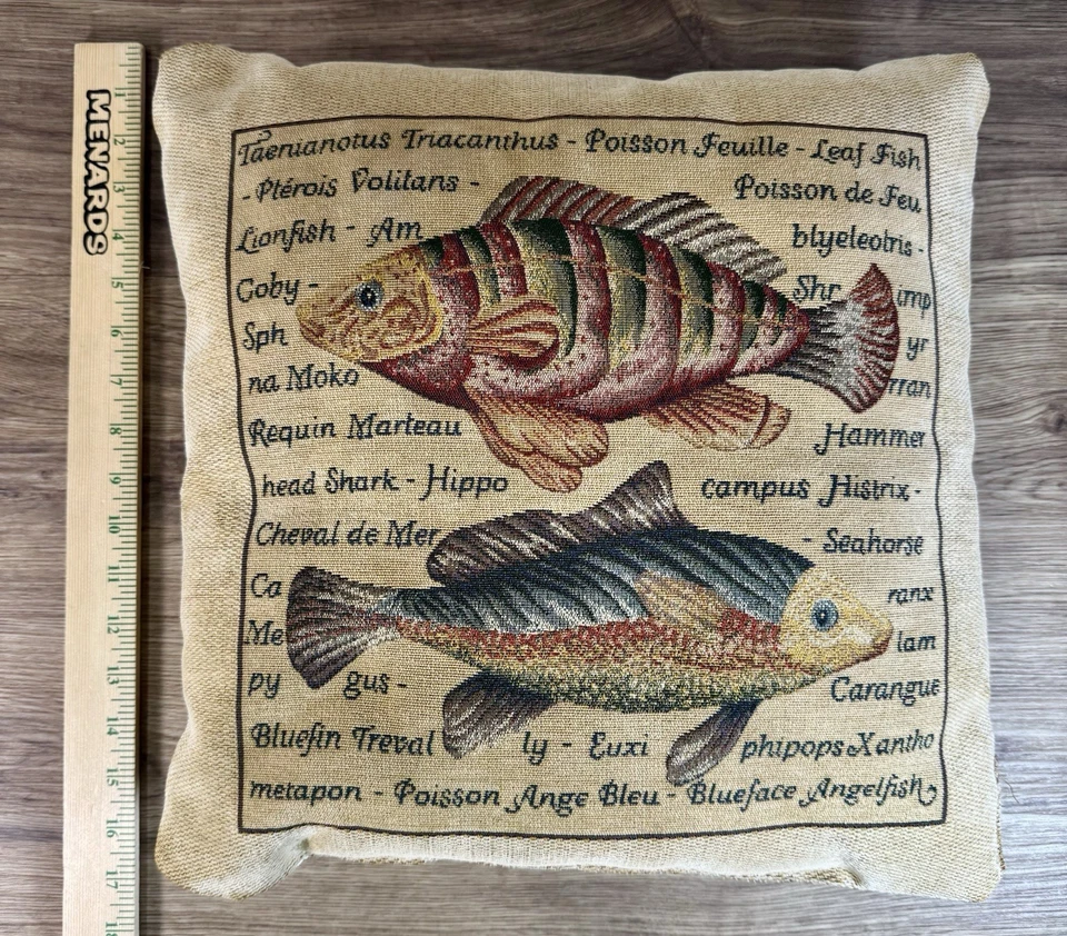 "Almohada vintage tapiz con detalles de peces 17"" cabaña casa de lago decoración náutica costera" Foto 4 de 4